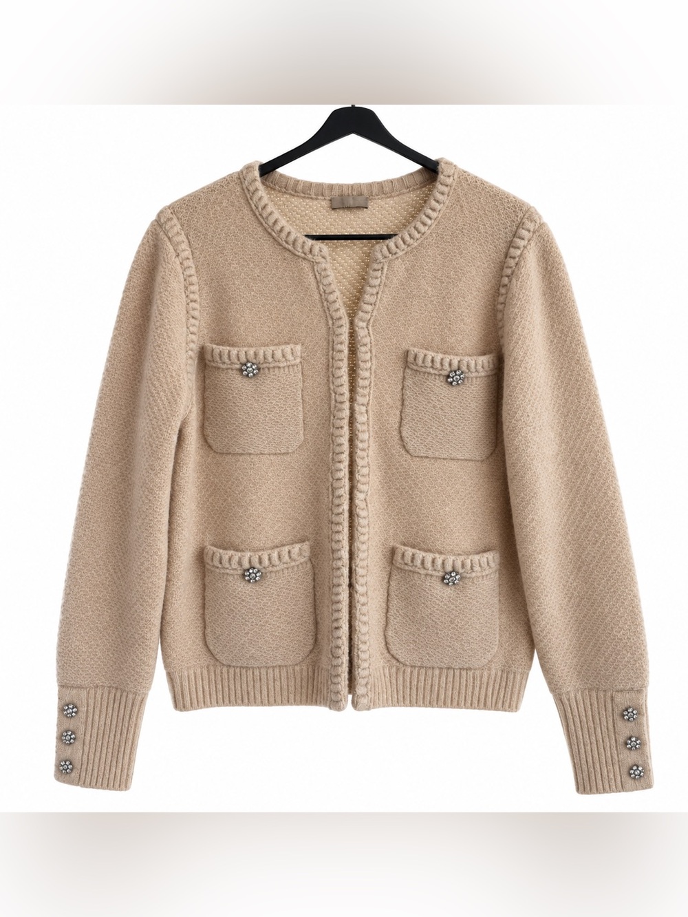 Elie Tahari Women’s Beige Knit Cardigan Jacket Jeweled Buttons Size L